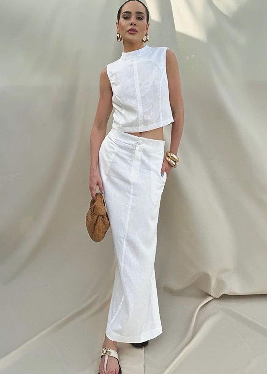 Conjunto Isla de mezcla de lino – Top sin mangas y falda larga con abertura frontal