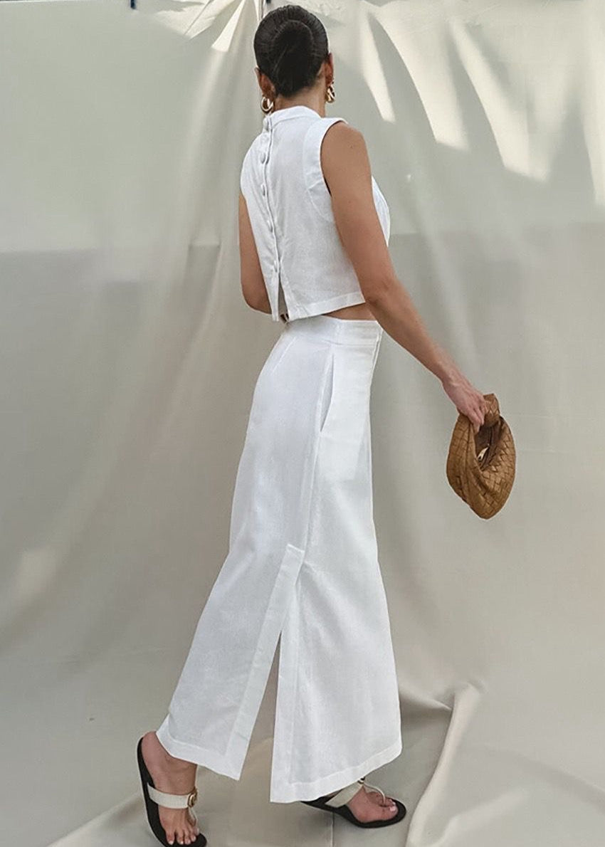 Conjunto Isla de mezcla de lino – Top sin mangas y falda larga con abertura frontal