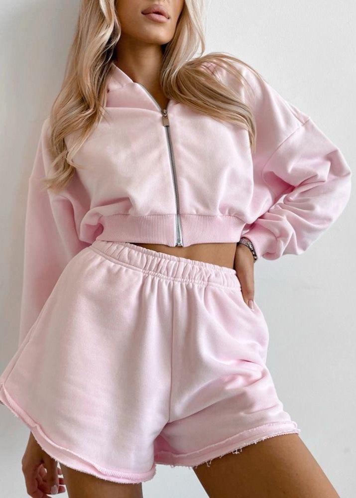 Heather Zip Hoodie & Raw Hem Shorts Set - Light Gray