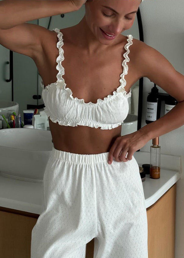 Frill Bloom - Top corto arricciato e completo pantaloni a gamba larga