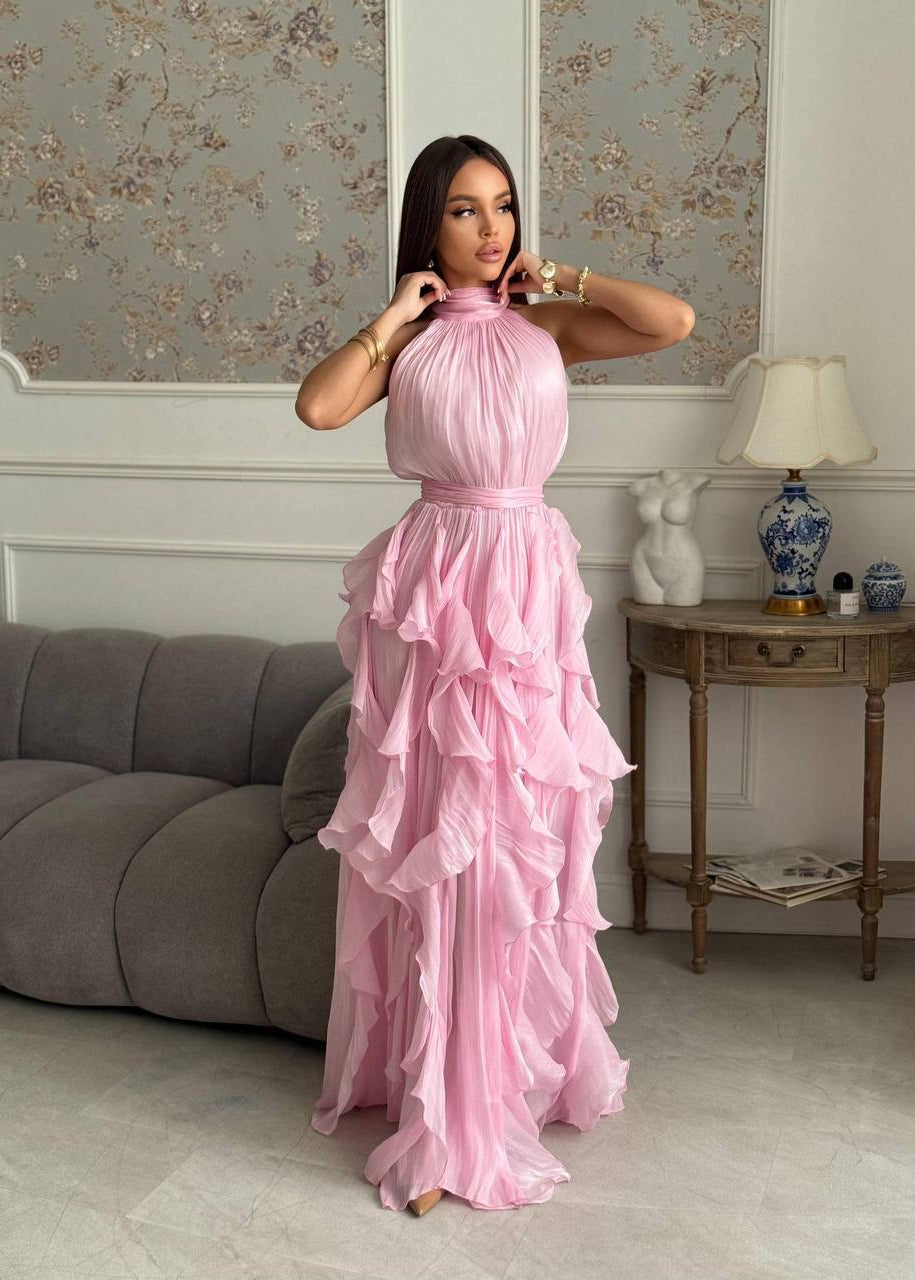 Rosalie Blush Ruffle Halter Maxi Dress