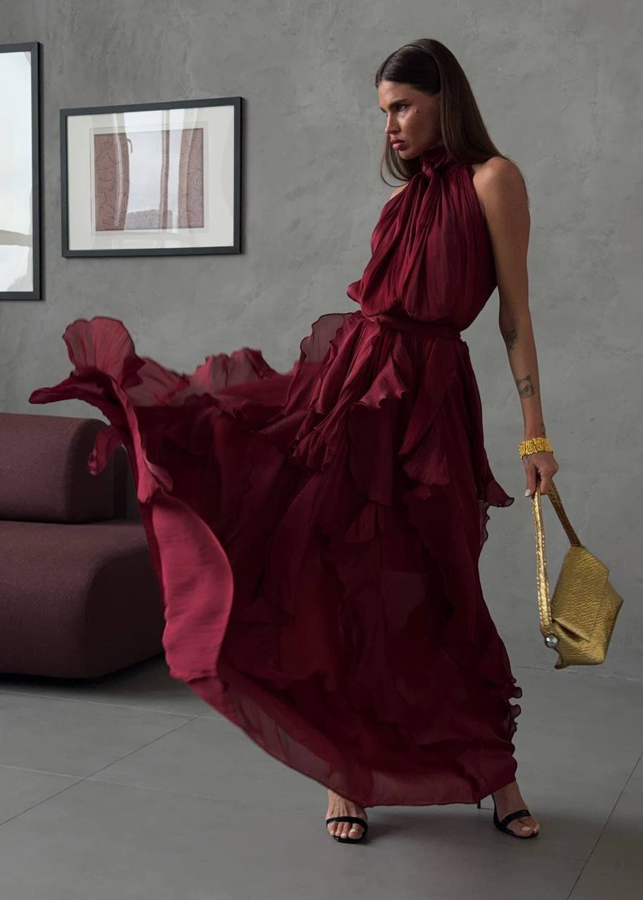 Rosalie Bordeaux Ruffle Halter Maxi Dress
