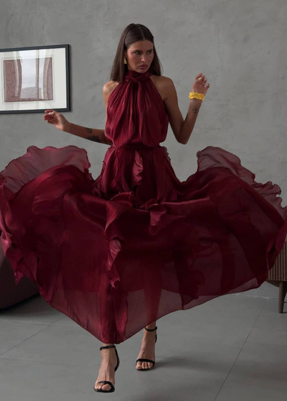 Rosalie Bordeaux Ruffle Halter Maxi Dress