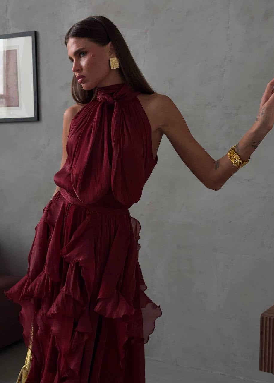 Rosalie Bordeaux Ruffle Halter Maxi Dress