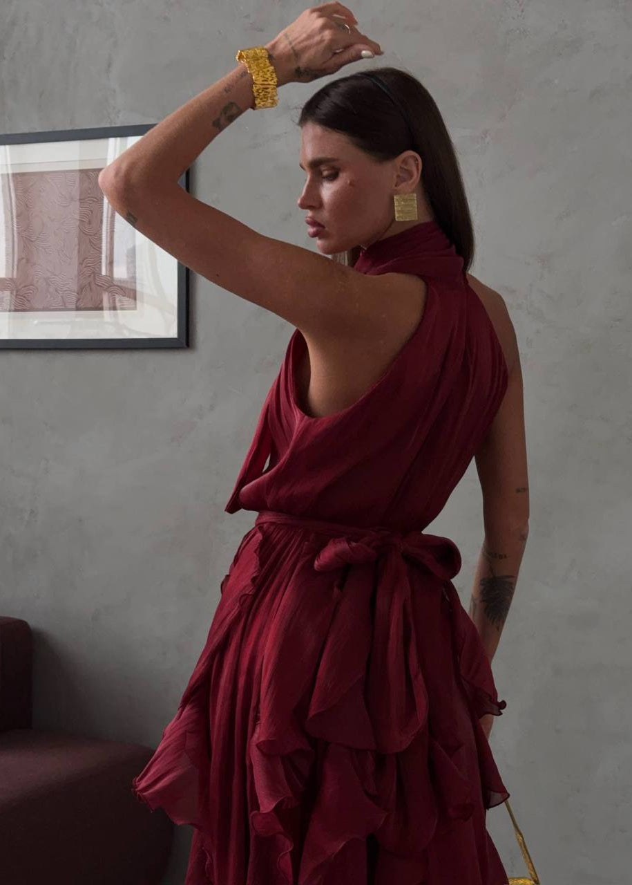 Rosalie Bordeaux Ruffle Halter Maxi Dress