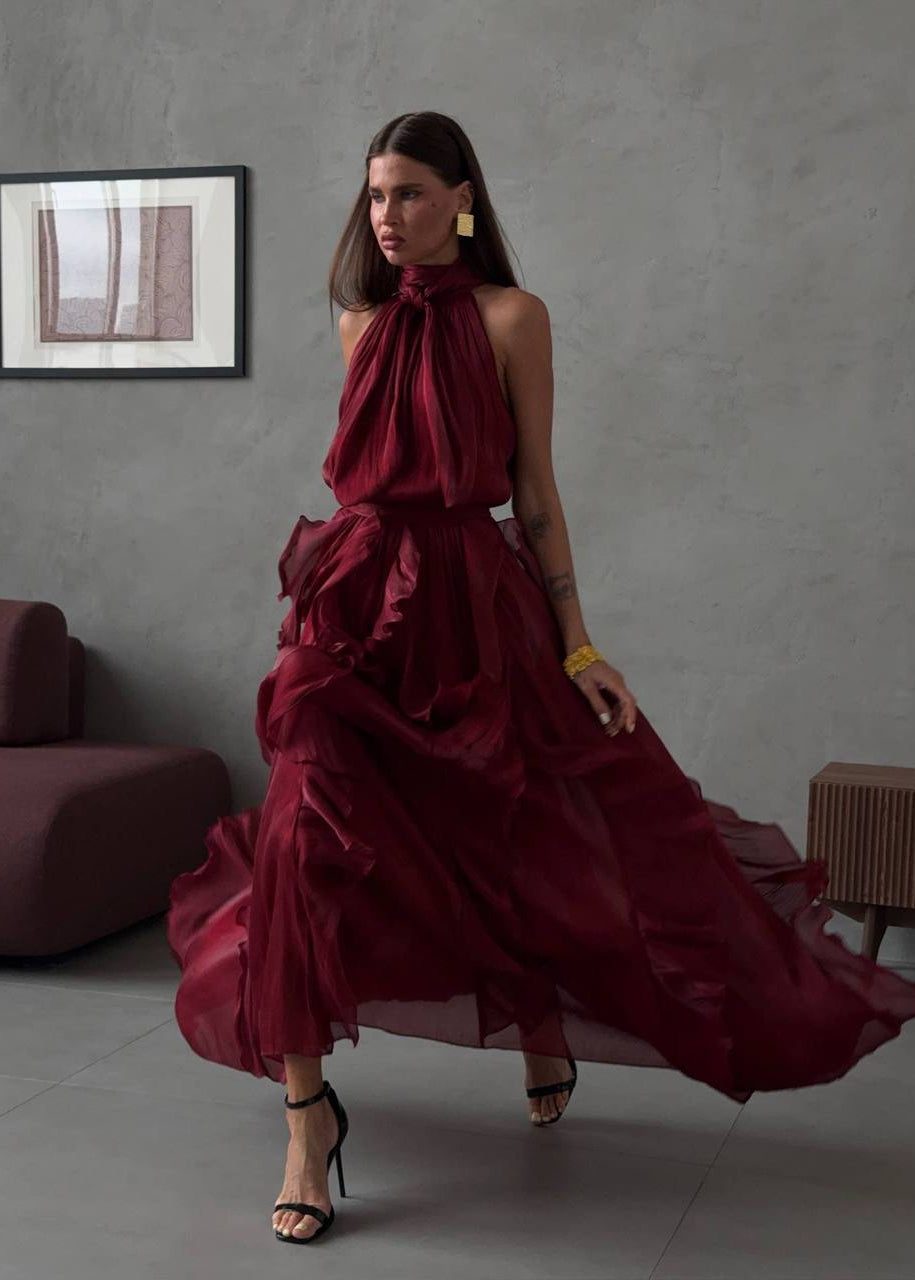 Rosalie Bordeaux Ruffle Halter Maxi Dress