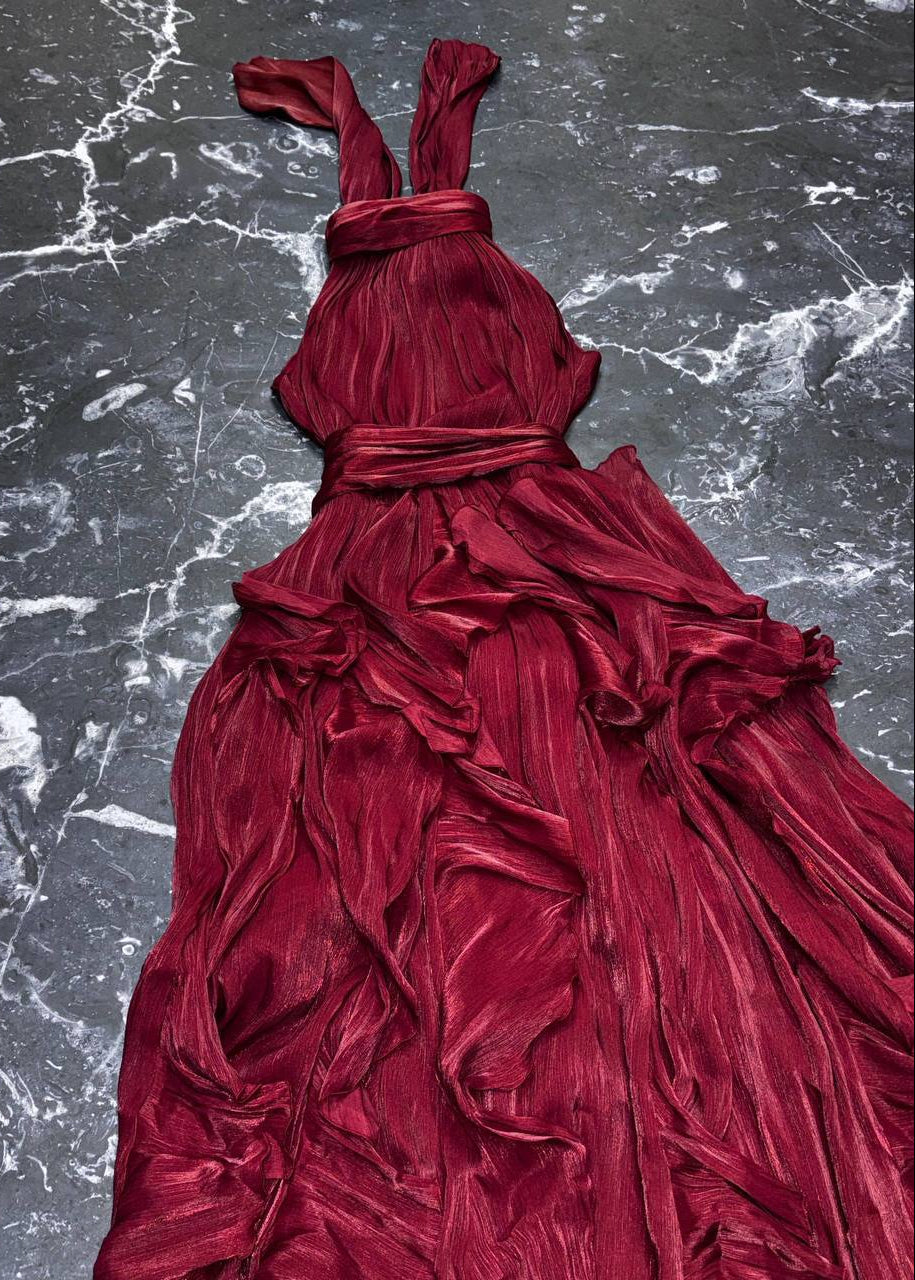 Rosalie Bordeaux Ruffle Halter Maxi Dress