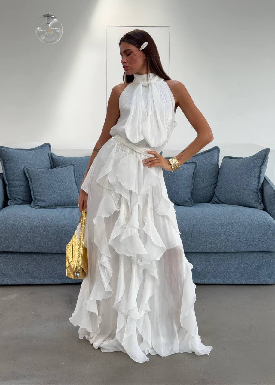 Rosalie Bordeaux Ruffle Halter Maxi Dress