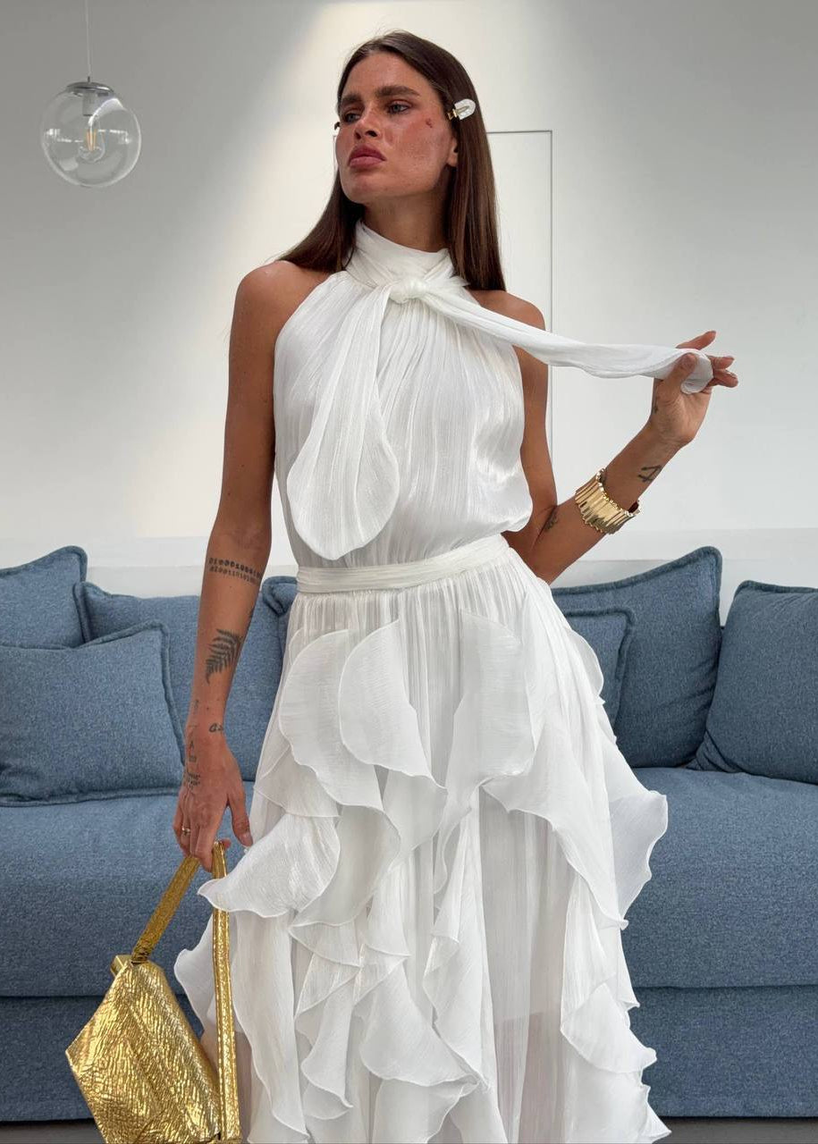 Rosalie Bordeaux Ruffle Halter Maxi Dress