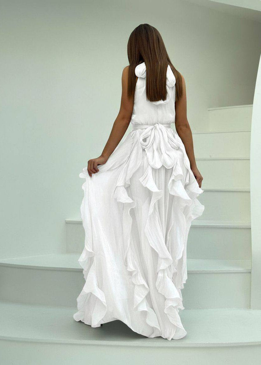 Rosalie Bordeaux Ruffle Halter Maxi Dress