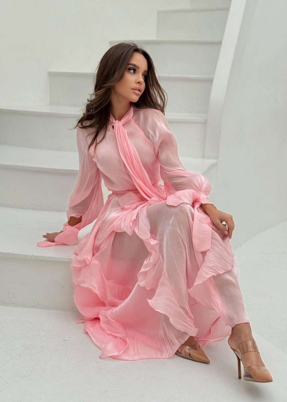 Celestine Ruffle Maxi Dress with Tie Neck & Romantic Long Sleeves