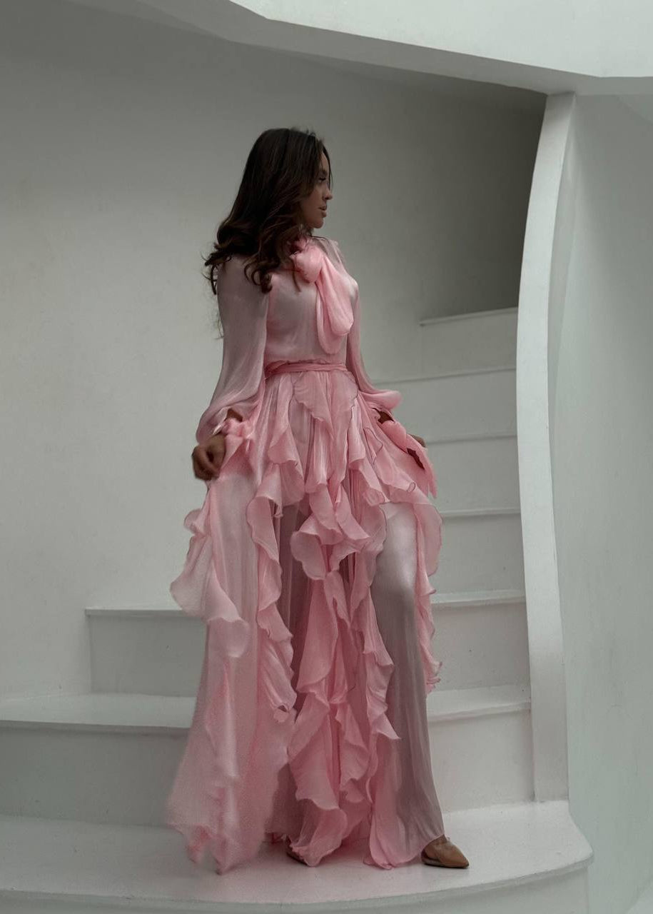 Celestine Ruffle Maxi Dress with Tie Neck & Romantic Long Sleeves