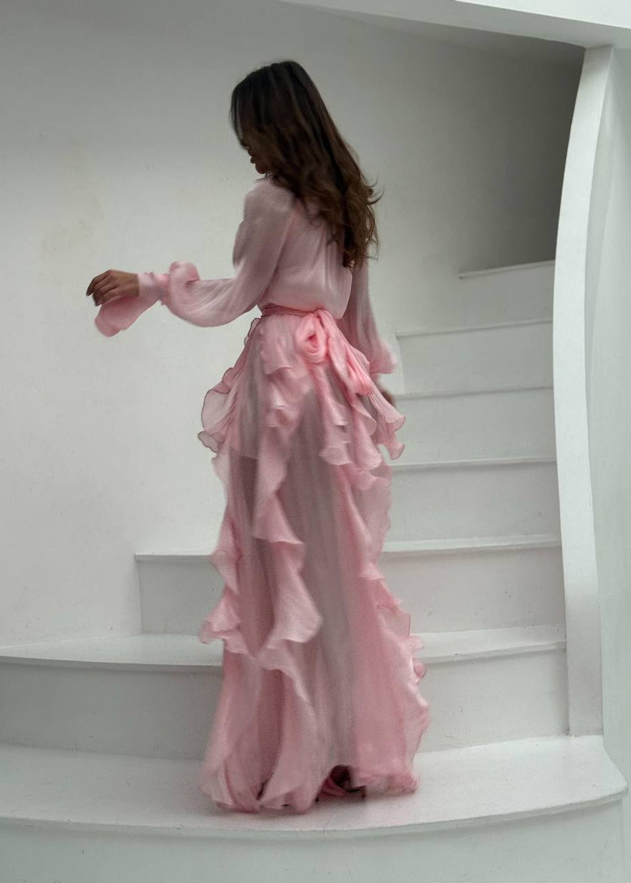 Celestine Ruffle Maxi Dress with Tie Neck & Romantic Long Sleeves