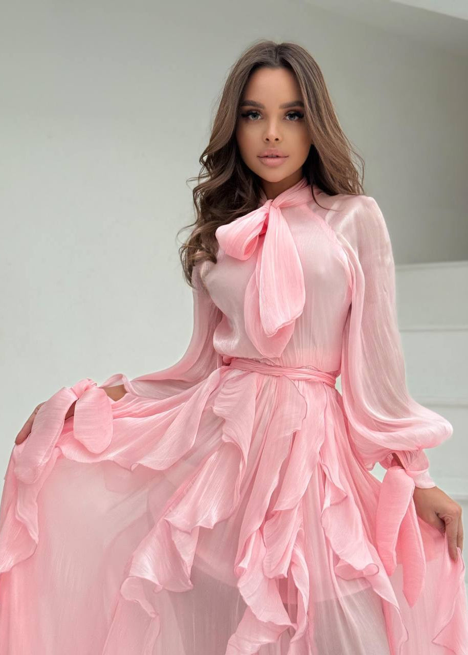 Celestine Ruffle Maxi Dress with Tie Neck & Romantic Long Sleeves