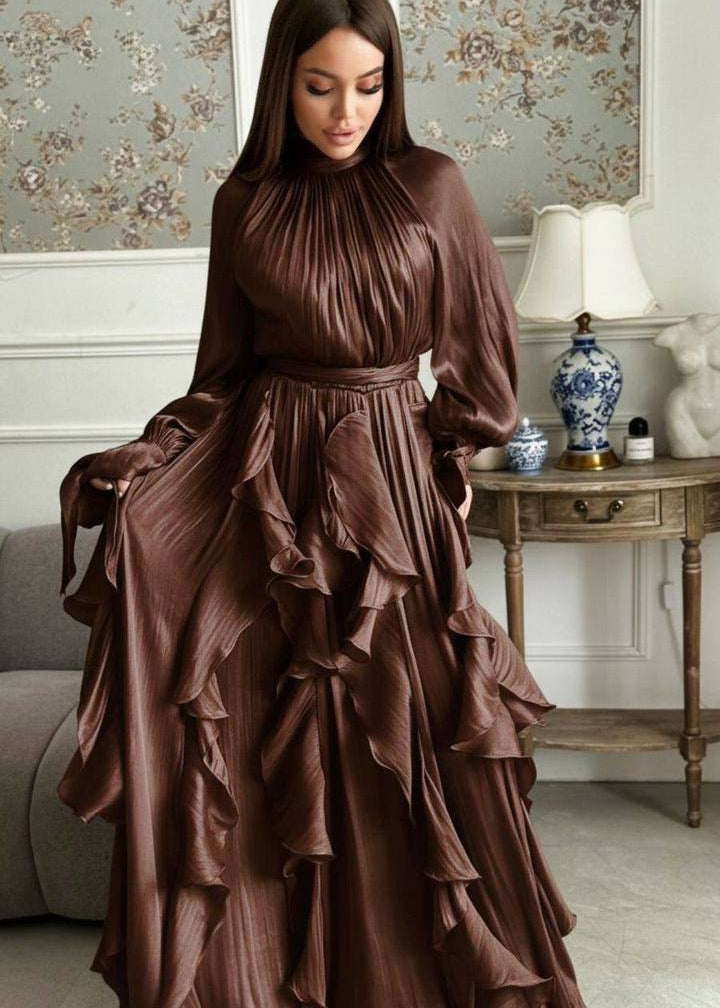 Celestine Ruffle Maxi Dress with Tie Neck & Romantic Long Sleeves