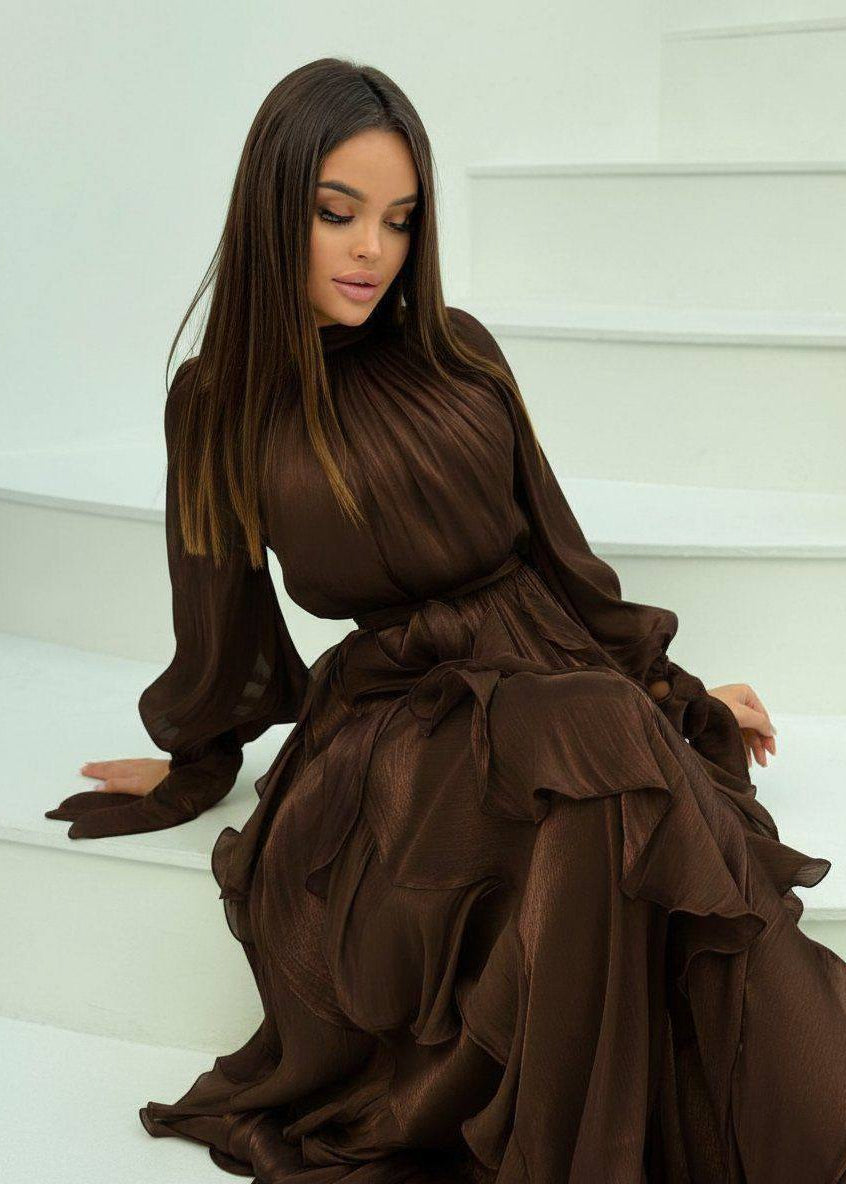 Celestine Ruffle Maxi Dress with Tie Neck & Romantic Long Sleeves