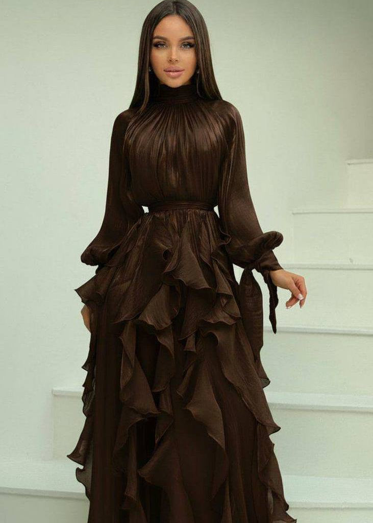 Celestine Ruffle Maxi Dress with Tie Neck & Romantic Long Sleeves