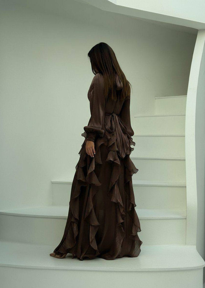 Celestine Ruffle Maxi Dress with Tie Neck & Romantic Long Sleeves