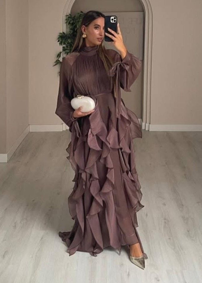 Celestine Ruffle Maxi Dress with Tie Neck & Romantic Long Sleeves