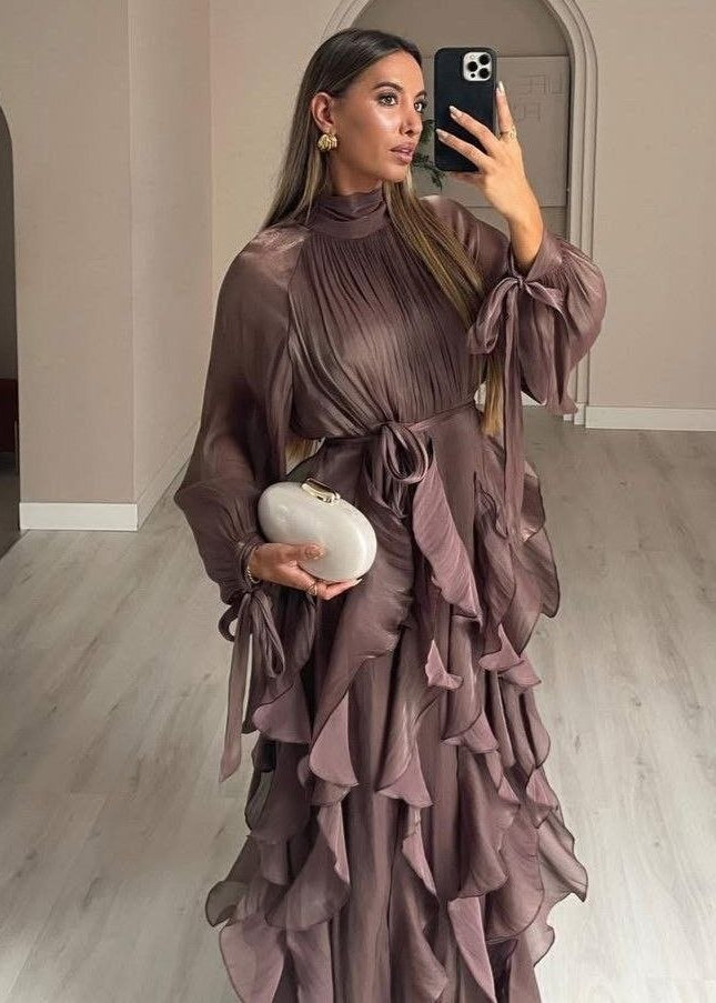 Celestine Ruffle Maxi Dress with Tie Neck & Romantic Long Sleeves