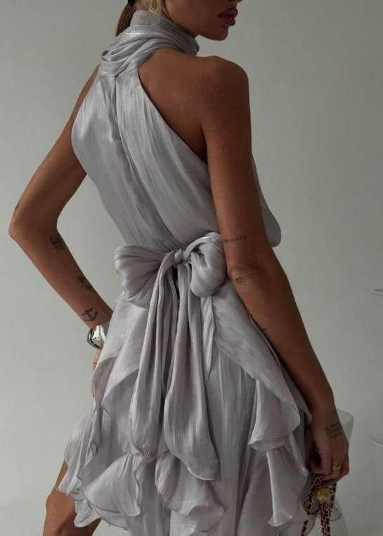 Seraphina Silver Gray Halter Ruffle Mini Dress