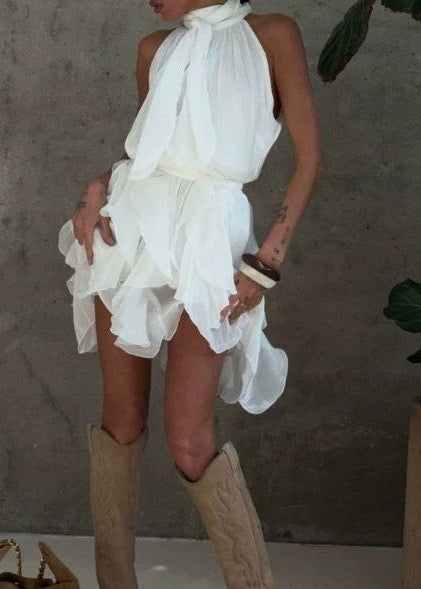 Seraphina Silver Gray Halter Ruffle Mini Dress