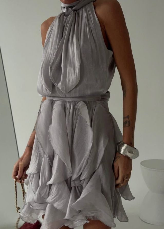 Seraphina Silver Gray Halter Ruffle Mini Dress