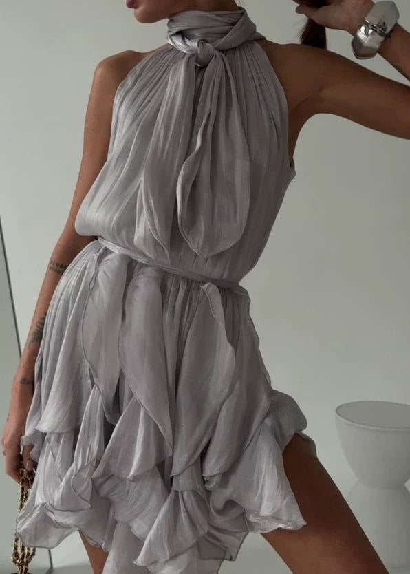 Seraphina Silver Gray Halter Ruffle Mini Dress