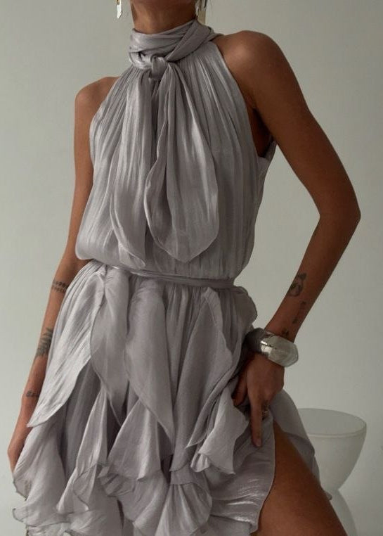 Seraphina Silver Gray Halter Ruffle Mini Dress