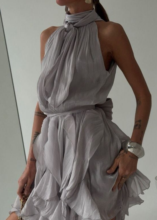 Seraphina Silver Gray Halter Ruffle Mini Dress