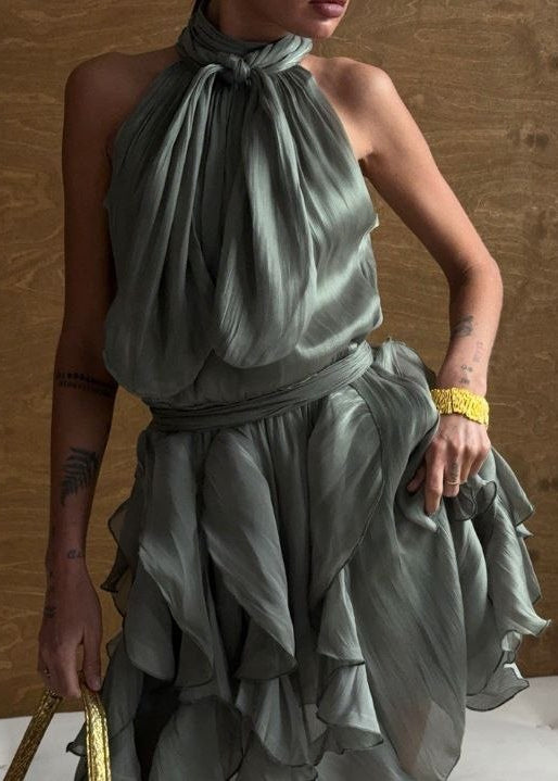 Seraphina Silver Gray Halter Ruffle Mini Dress