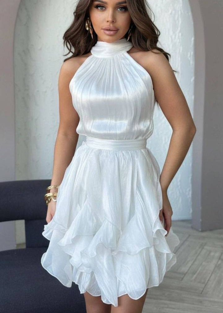 Seraphina Silver Gray Halter Ruffle Mini Dress