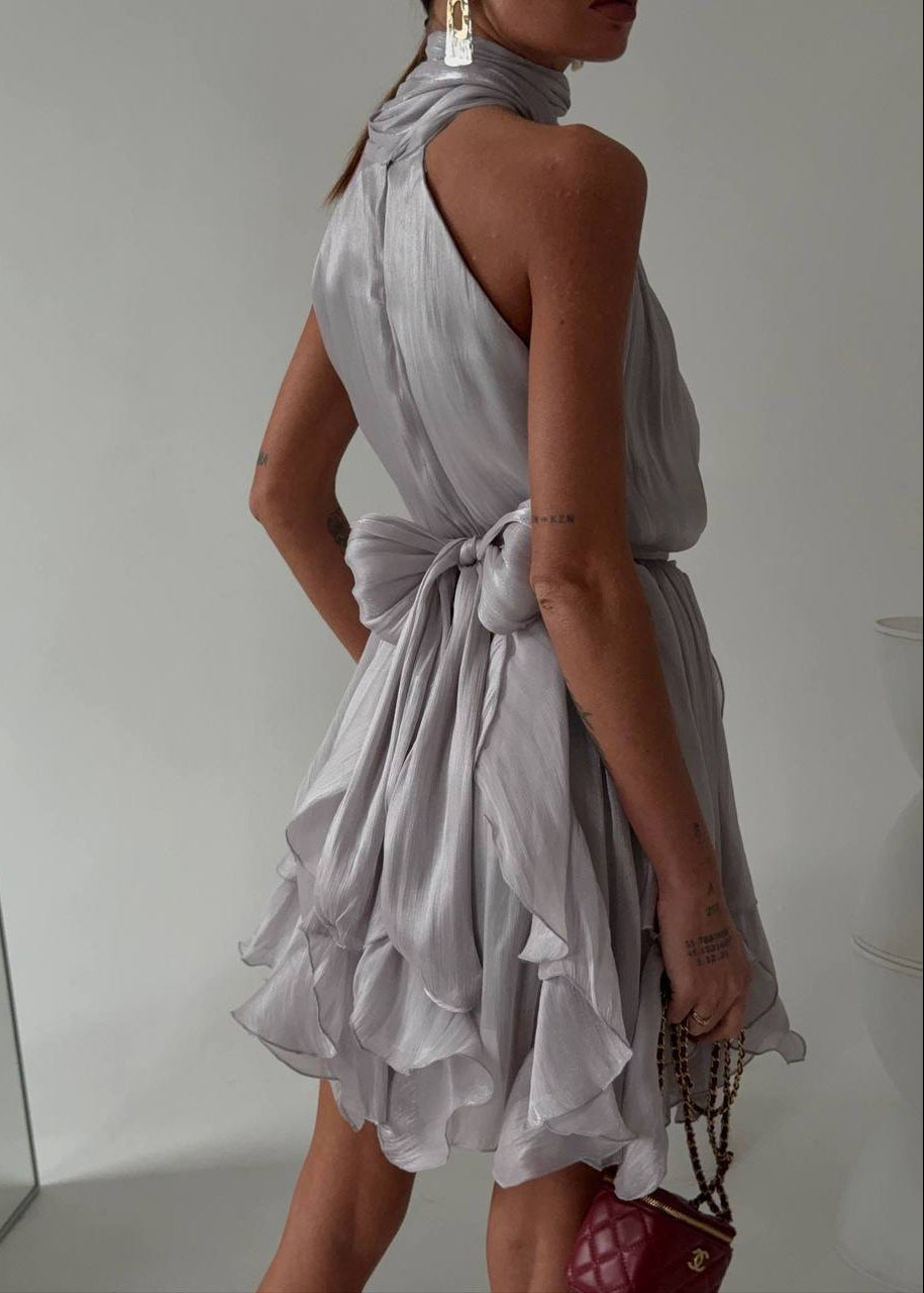 Seraphina Silver Gray Halter Ruffle Mini Dress