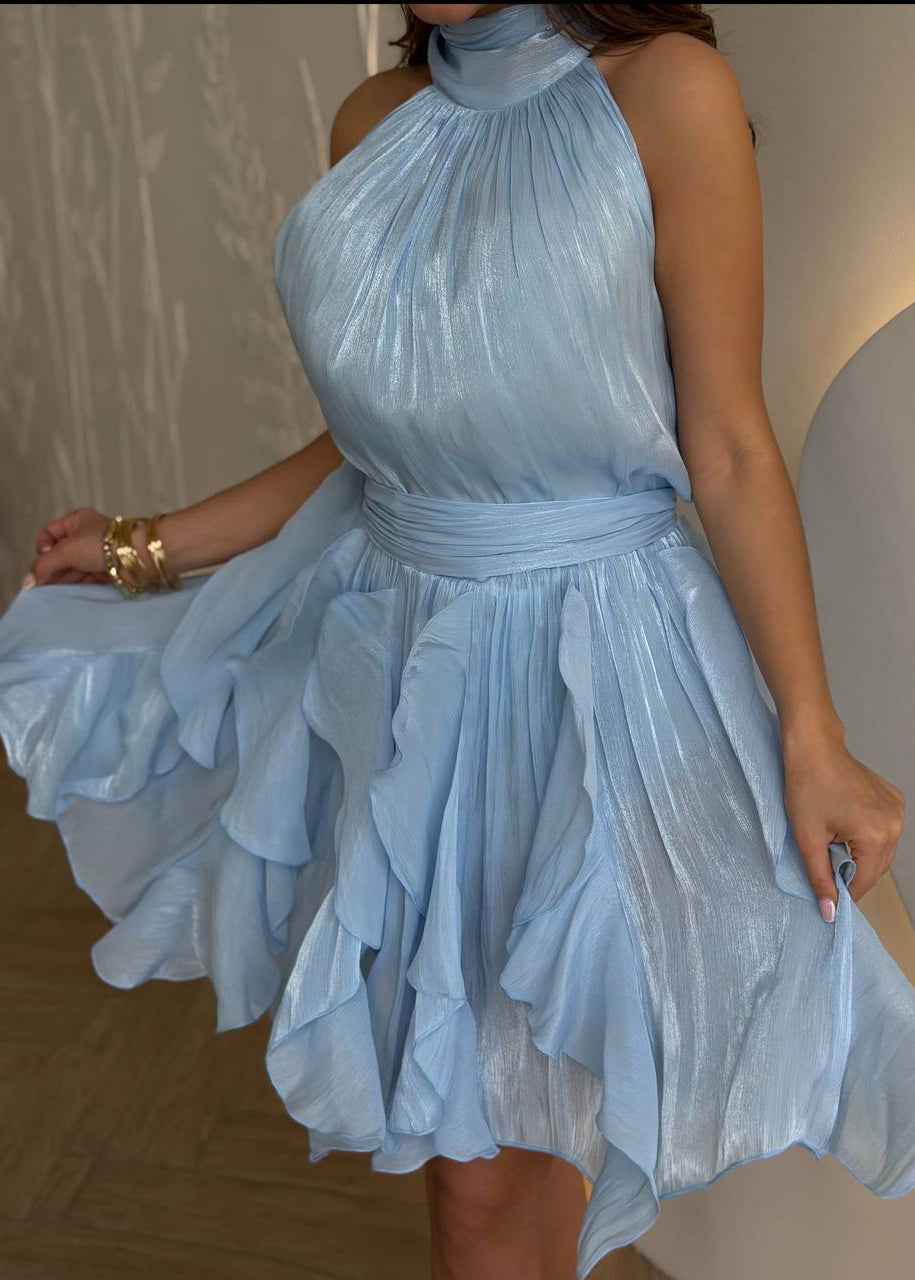 Celestia Sky Blue Halter Ruffle Mini Dress