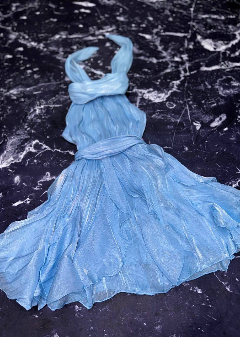 Celestia Sky Blue Halter Ruffle Mini Dress