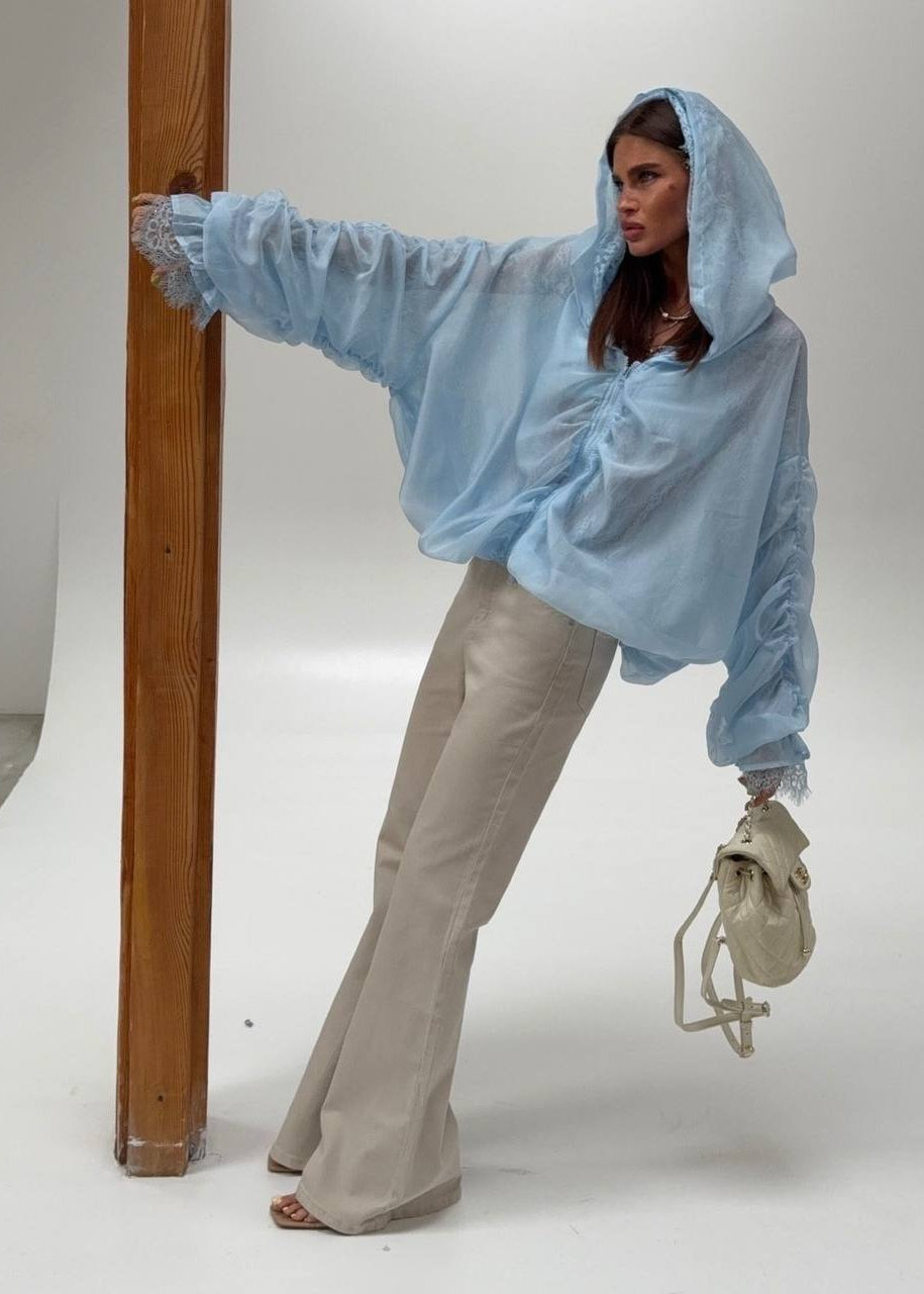 Aurelia Sky Blue Hooded Lace Trim Organza Jacket