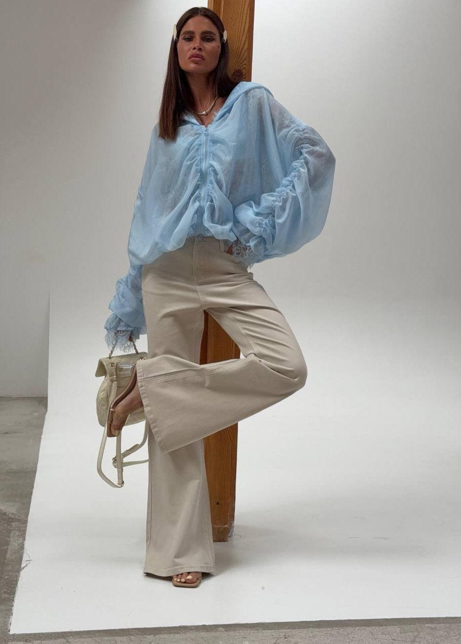 Aurelia Sky Blue Hooded Lace Trim Organza Jacket