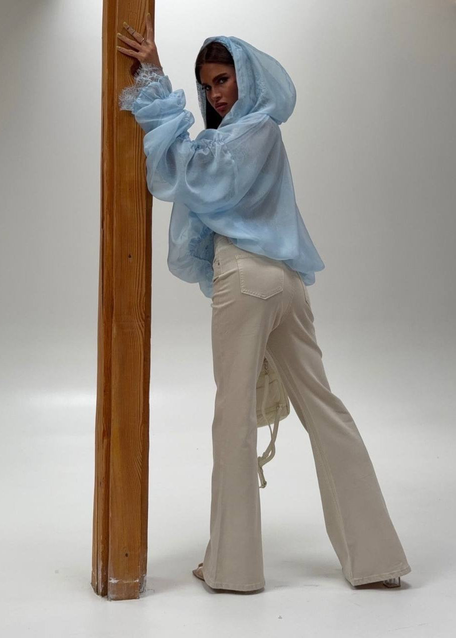 Aurelia Sky Blue Hooded Lace Trim Organza Jacket