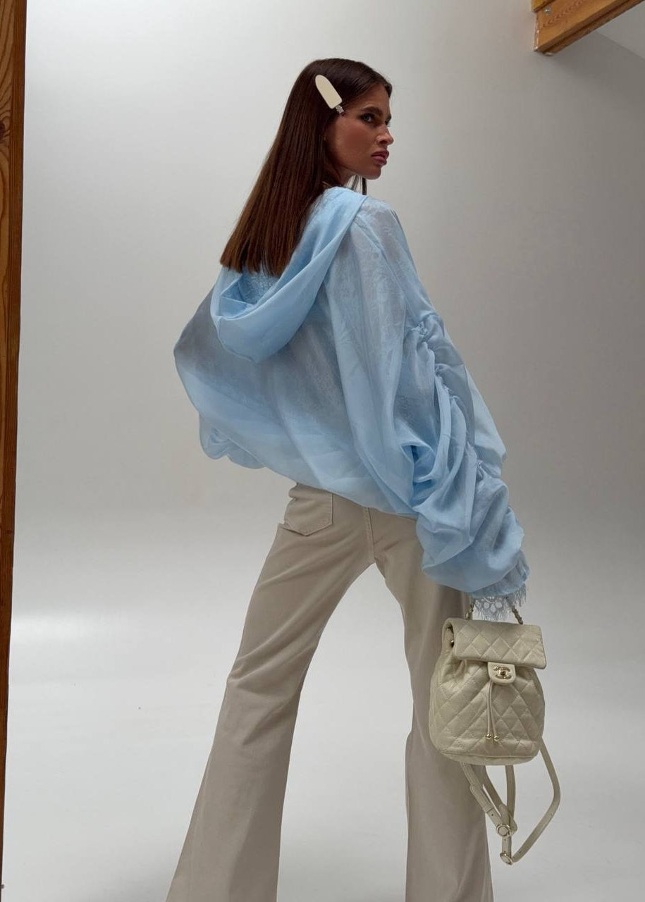Aurelia Sky Blue Hooded Lace Trim Organza Jacket
