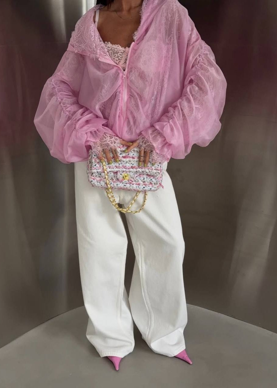 Aurelia Sky Blue Hooded Lace Trim Organza Jacket