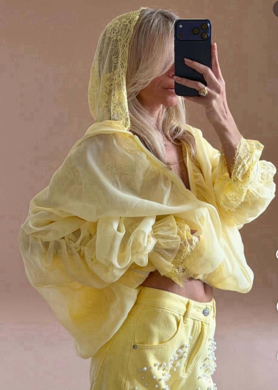 Lumière Lemon Hooded Lace Trim Organza Jacket