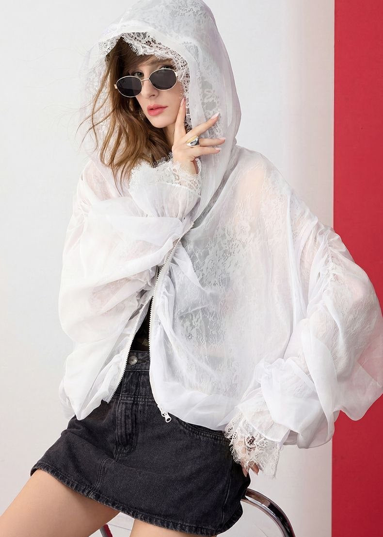 Lumière Lemon Hooded Lace Trim Organza Jacket