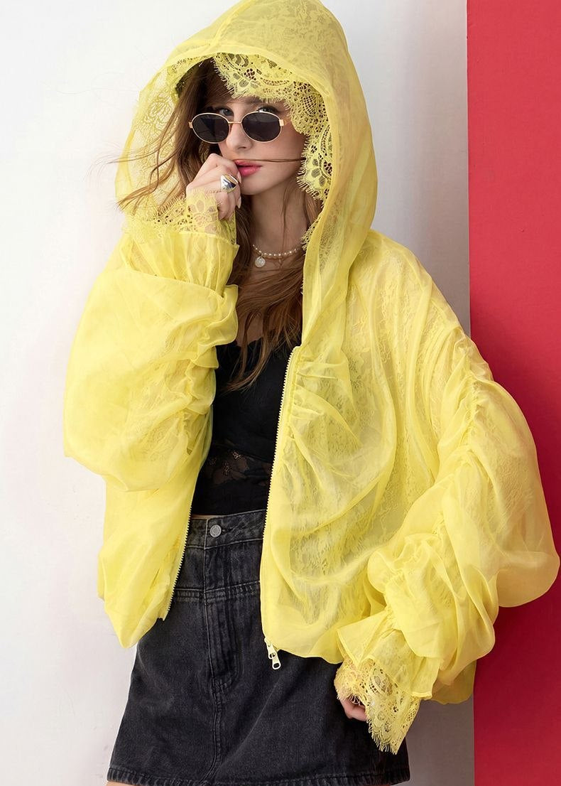 Lumière Lemon Hooded Lace Trim Organza Jacket