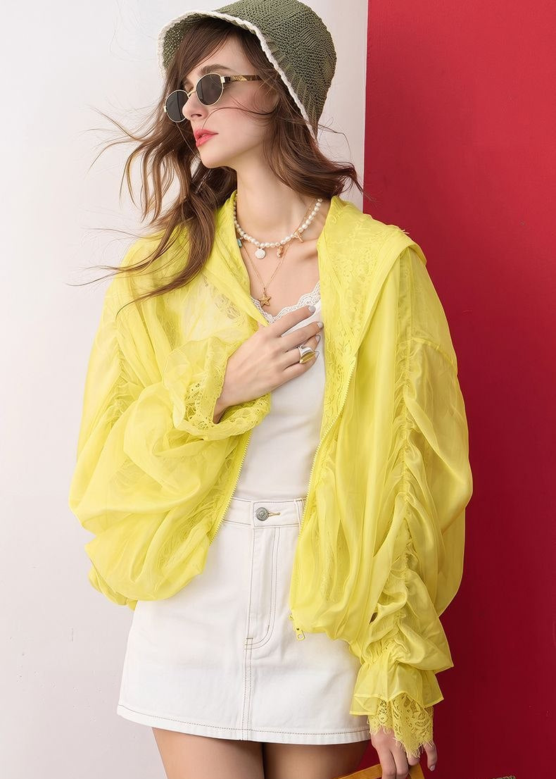 Lumière Lemon Hooded Lace Trim Organza Jacket