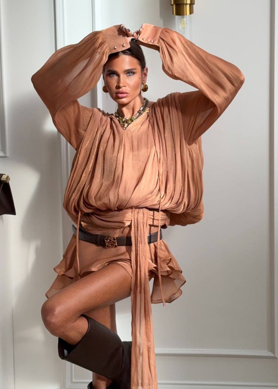 Champagne Étoile Draped Mini Dress with Built-In Shorts