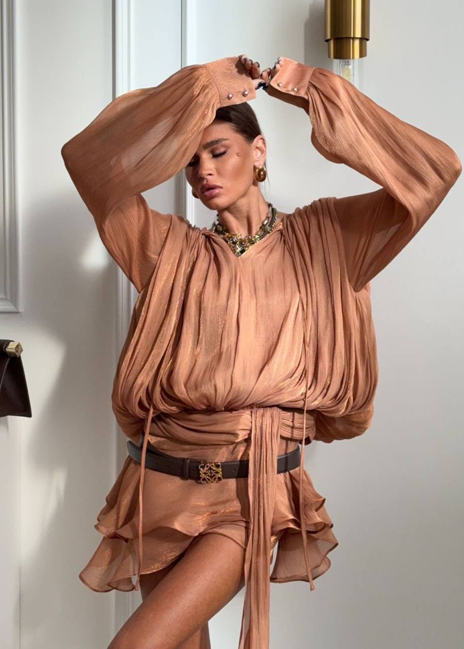 Champagne Étoile Draped Mini Dress with Built-In Shorts
