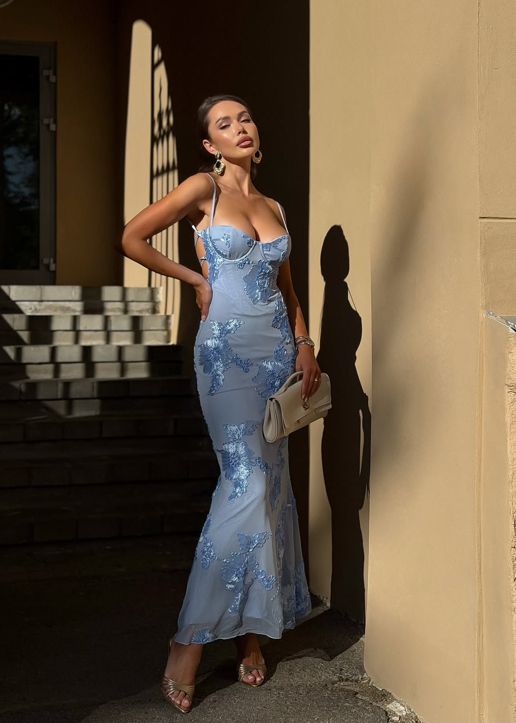 Celestia Blue Embroidered Mermaid Maxi Dress – Open Back Evening Gown