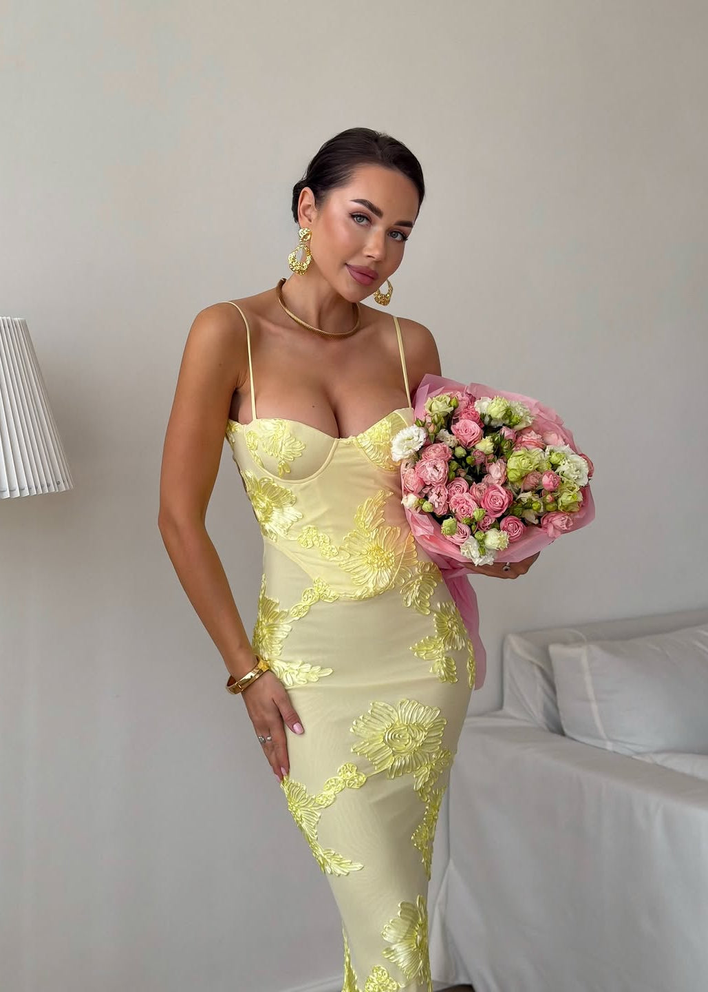 Solara Lemon Embroidered Mermaid Maxi Dress – Lace-Up Back Evening Gown