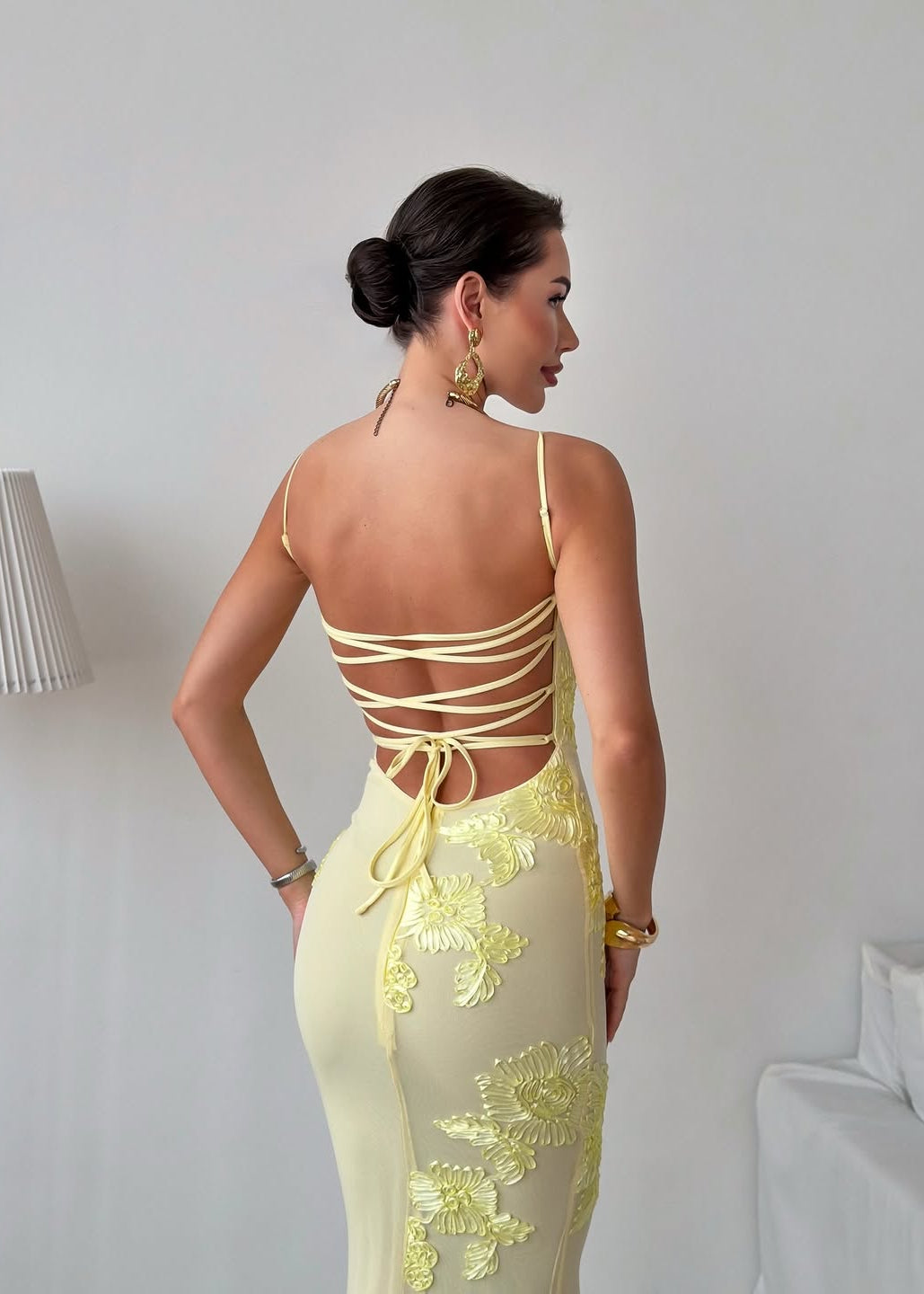 Solara Lemon Embroidered Mermaid Maxi Dress – Lace-Up Back Evening Gown