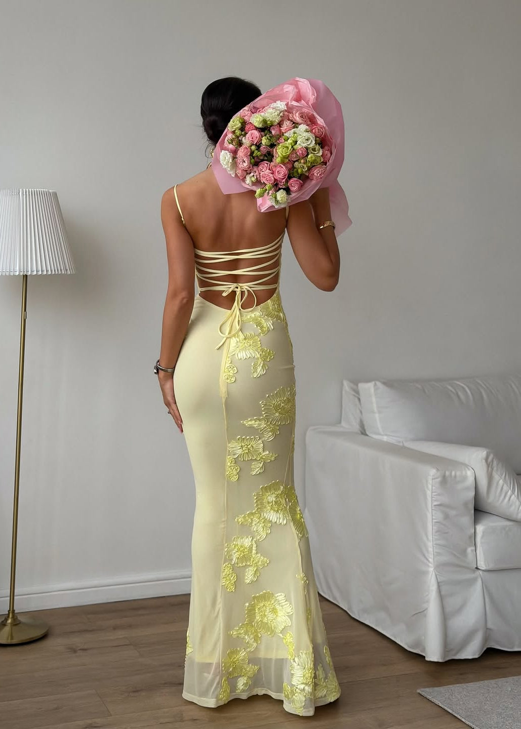 Solara Lemon Embroidered Mermaid Maxi Dress – Lace-Up Back Evening Gown